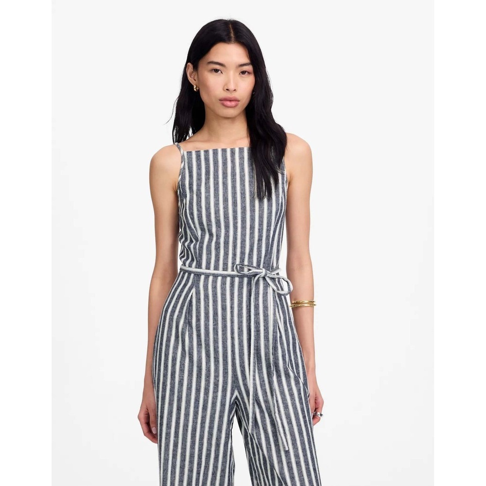 Madewell Pleated Linen Cotton Pinstripe Wide Leg Jumpsuit Navy White NU583 Size8